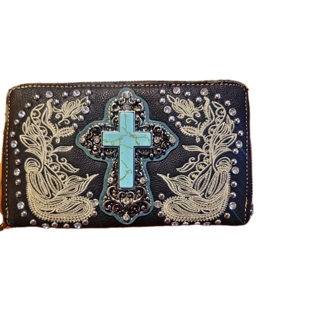 Western Turquoise Cross Studded Wristlet Wallet Black Embroidered Cowgirl Clutch